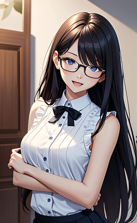 (masterpiece:1.4、top-quality、illustration:1.4,realistic、)、(character focus、breast focus,upper body:1.3)、(1girl),(Open mouth light smile:1.3),(half closed eyes),cute face,blue eyes、()、
,(stand:1.4),(Shining smile),
,(slender),(sleeveless white blouse,very short pleated miniskirt:1.3),
(black long hair:1.6,forehead,),(glasses), (small breasts:1.3)、
、slender、