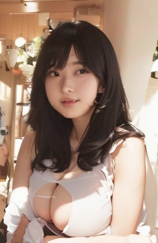highest quality, Ultra-high resolution, Highly detailed skin, Physically Based Rendering, (((A round-faced Japanese woman in her 20s,She is supporting her chest with her arms and is not wearing underwear., Large Breasts, Nipples are also visible, from the front))),Beautiful background:1.2), ((Cleavage)), ((Showing Nipples)), (White swimsuit with a wide open chest) .(No chest pads)、(Fabric so thin that you can see through) (((The outline of the nipples clearly expresses the shape of the nipples..、Nipples)))、(Areola, (Realistic: 1.4),(Realistic), (front)(((Young Face))), (Written boundary depth), ((Nipples visible through clothing))
