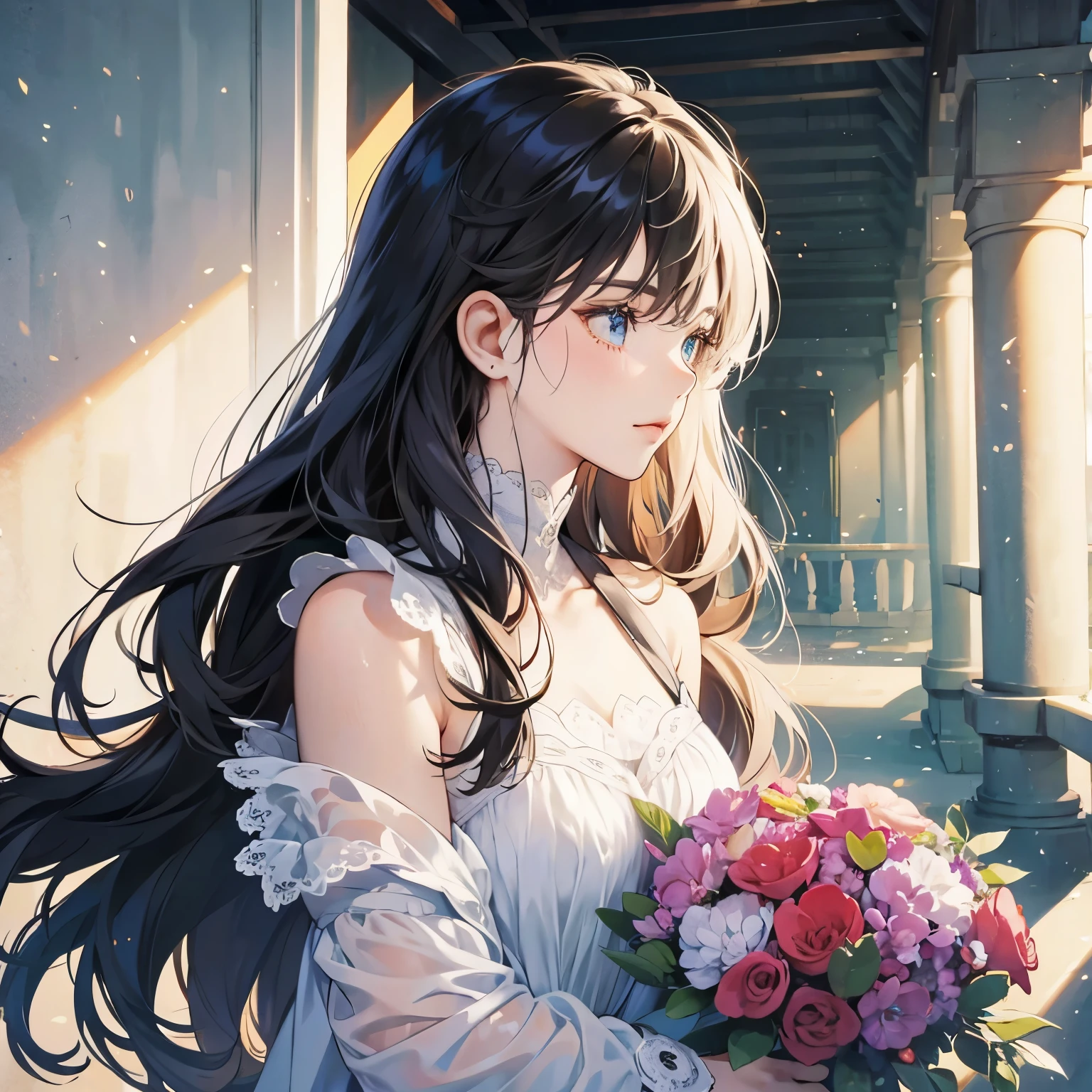 Create images based on super detailed prompts。１People drawn in anime style、Beautifully detailed illustrations。shiny black long hair,It stands out with its unique color palette and personality.。She smiles brightly and holds a colorful bouquet。With deep black eyes、She wears floral accessories to match her elegant dress.。The dress features black and white details。The background is bright、Soft pastel colored confetti falling、It creates a festive atmosphere。The overall aesthetic is bright、Cheerful、Dreamy and、The focus is on color harmony and the cute expressions of the characters.。