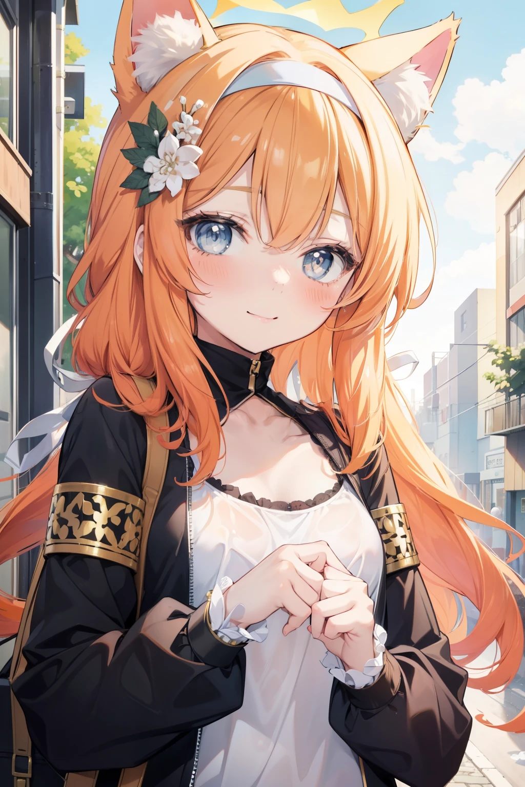 Marie Iraki、Good looking girl (blush, Perfect Face), independent , Looking at the camera, masterpiece, Anime art style, Cute Characters, Most detailed, high quality、Nico Nico Smile、Cat ear、Orange Hair、Lolita、Small breasts、Casual wear