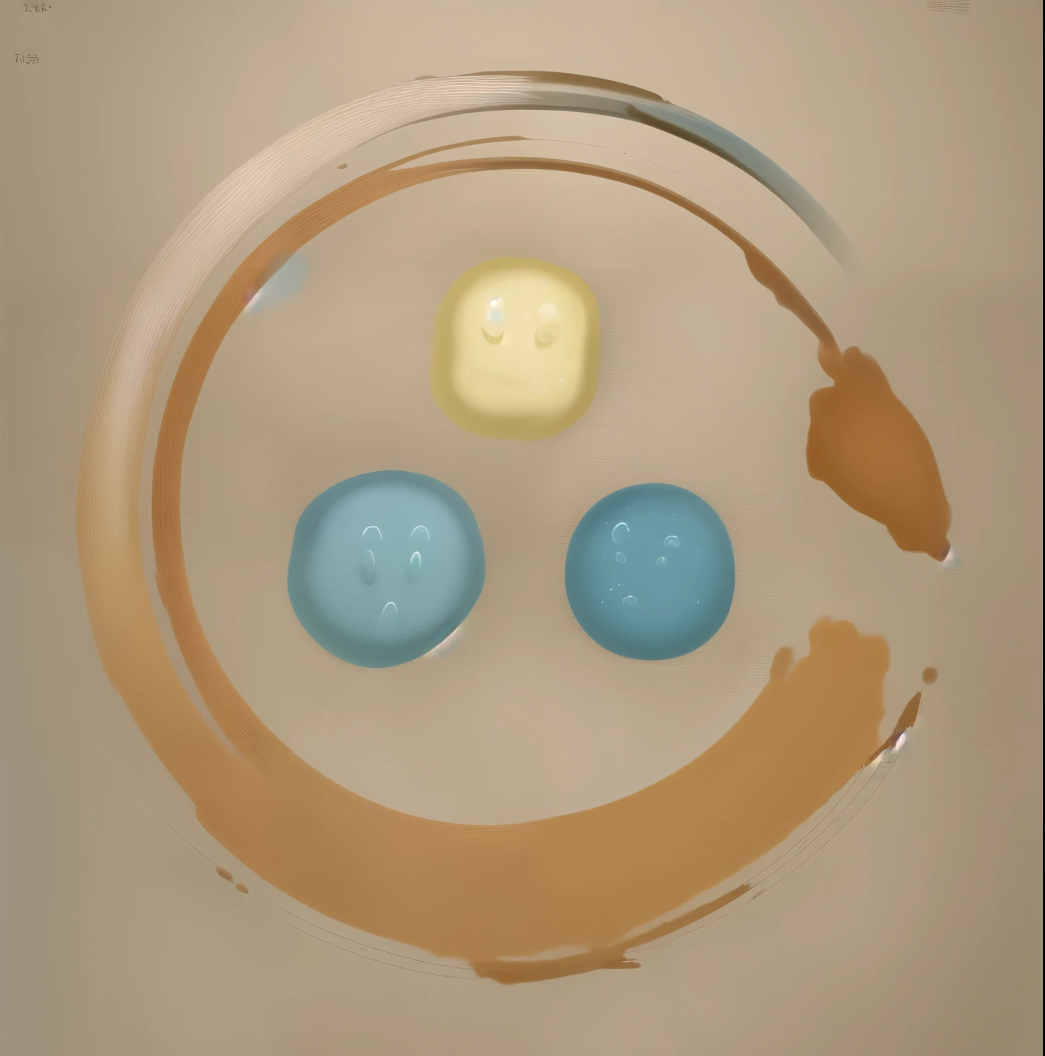 Three rivers converge into a circle，There are three potatoes in the middle holding hands，The main color is earthy yellow，blue，green