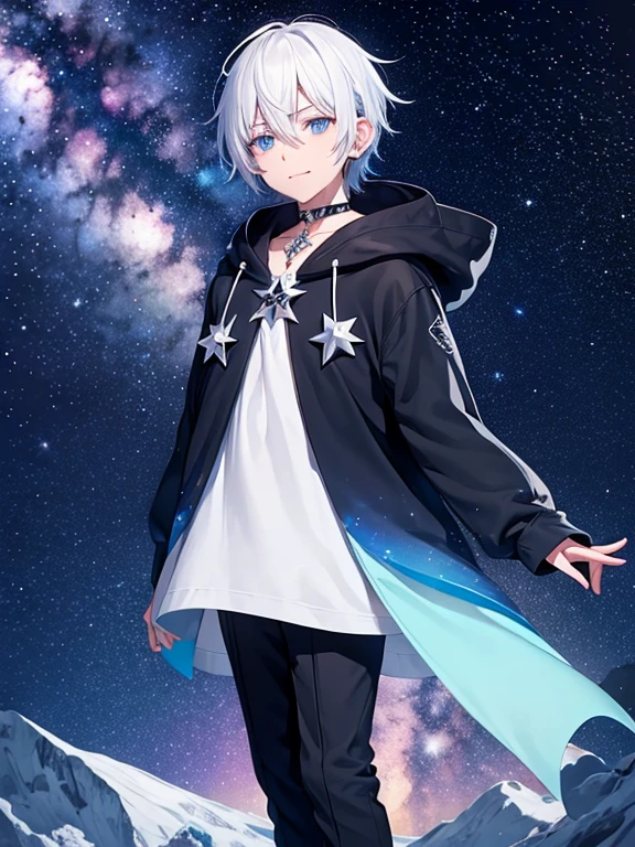 Milky Way Background The boy standing under the starry sky White Hair A little long hair Beautiful boy Has lots of piercings Star Necklace White hoodie with light blue lining summer Night Sky Blackhead under left eye Handsome There is a star mark on the body Hair tucked behind right ear Star on neck Smiling Right hand outstretched mysterious Boy standing on a hill