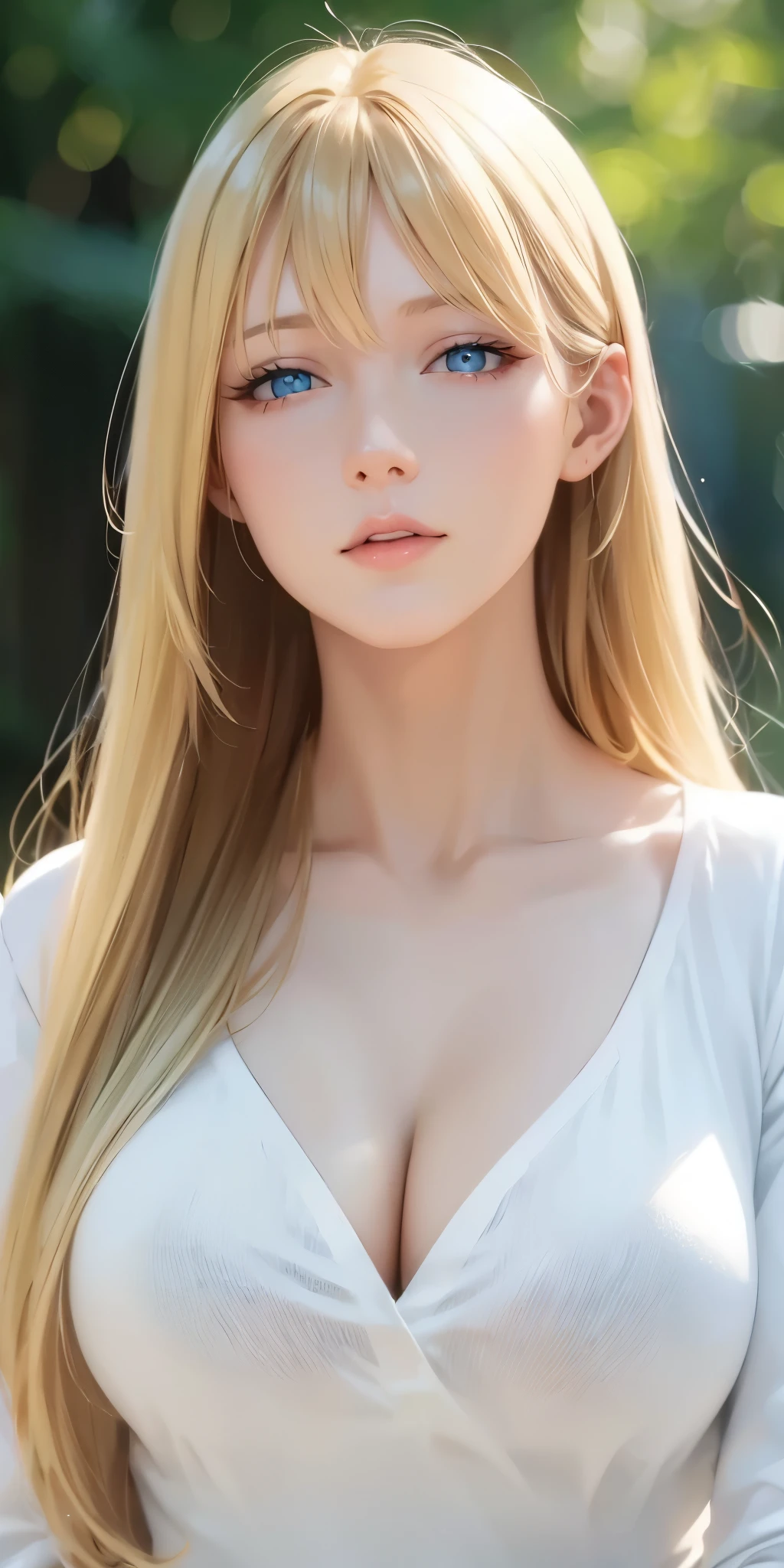 Upper body, elegant, adult woman, long neck, long blonde hair, bangs, casual shirt, cleavage, blue eyes, soft light, high quality, 4k resolution