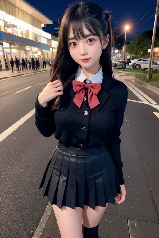 High Angle Shot、Large Breasts、shoes visible、super tree snapshot、High, A baby-faced girl,Wearing a short skirt,Wearing a bow tie,Standing on the neon street at night、High school student、Skinny calves、Japanese Girls、Winter clothes、Wearing Japanese school uniform、Japanese school black uniform、Wearing surreal high 、Girl in uniform、Wears dark blue、Full Body Esbian、Very good skin、glowing skin、Beautiful thighs trim thighs、Plump thighs、She is wearing black leggings,Exposing the skin、leather shoes、Japanese high school 、Nogizaka Idol、seductive gaze