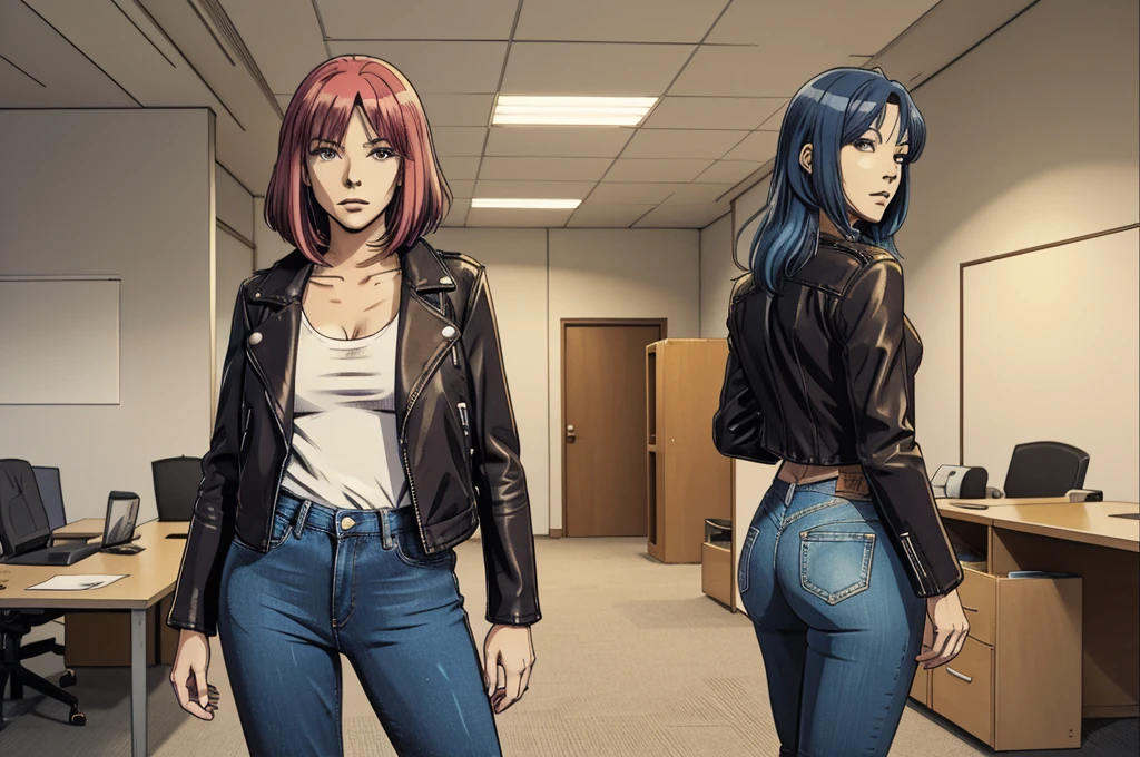 vector image, 2d cartoon,masterpiece, An anime 1woman,colored hair,tight sexy jeans,leather jacket, heels, in empty office, standing in right part of frame