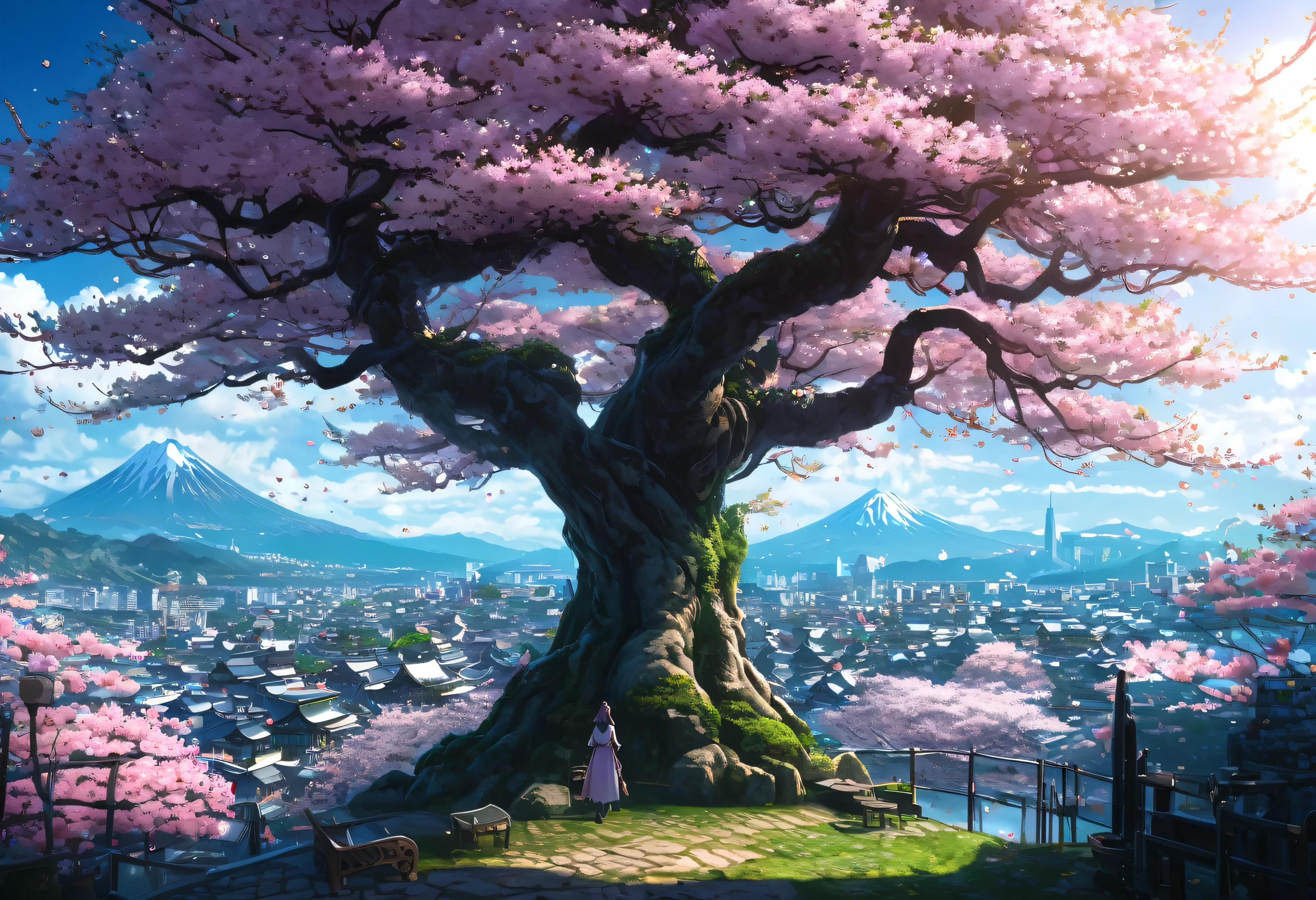 Fantasy city anime landscape with a cherry blossom tree in the middle, Concept art inspired by Noami, Artstation Contest Winner, Fantasy art, 4k Fantasy art, 4k resolution concept art, Highly detailed digital art in 4K, 8k Fantasy art, Concept Art Wallpaper 4K, 4K Detailed Digital Art, Amazing artwork in 8K