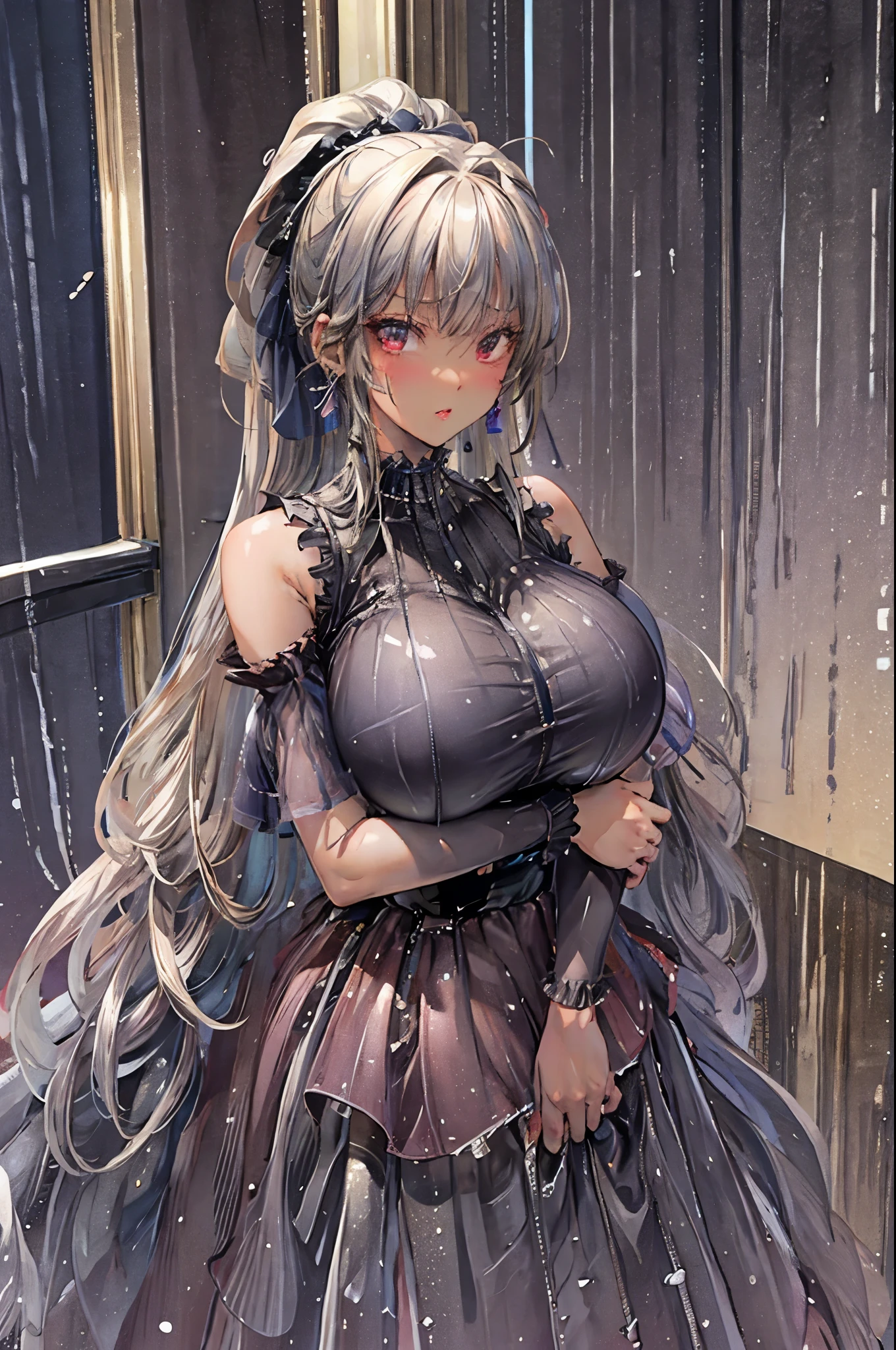 (masterpiece:1.2、highest quality、Tmasterpiece)、1 female、alone、classroom、Day、Are standing、blonde、ponytail、Red eyes、break、(dress:1.4)、(Dark Skin:1.4)、Big Breasts、(grab your left arm:1.3)、tie、corset、Hoop Earrings、lipstick、Very sweaty、Ring Choker、Scrunchie、blush、Covered breasts、Bangs braids、(Thick lips:1.2)