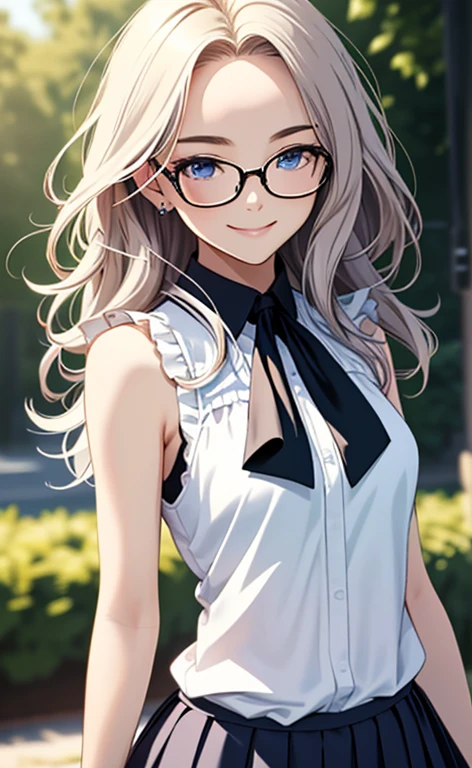 (masterpiece:1.4、top-quality、illustration:1.4,realistic、)、(character focus、breast focus,upper body:1.3)、(1girl),(light smile:1.3),(half closed eyes),cute face,blue eyes、()、
,(stand:1.4),(Shining smile),
,(slender),(sleeveless white blouse,very short pleated miniskirt:1.3),
(black long hair:1.6,forehead,),(glasses), (small breasts:1.3)、
、slender、