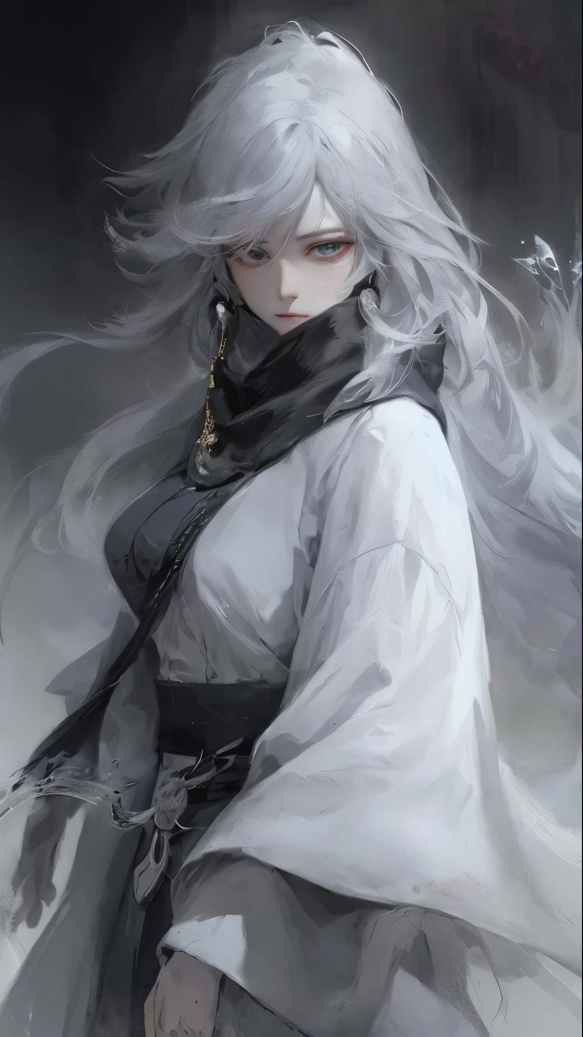 Close-up of a white-haired woman wearing a black scarf, Portrait of Yang Jian, pixiv contest winners, Fantasy Art, White-haired deity, Beautiful character painting, Artwork in the style of Guweiz, The sharp gaze of the Snow Girl, guweiz, has long white hair, has long white hair, Long flowing hair and robes