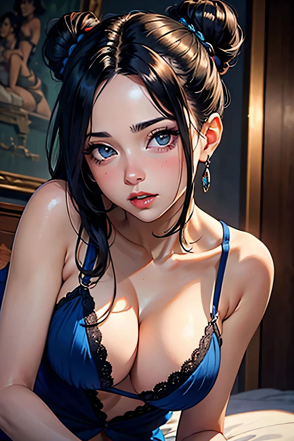 Amazing portrait of a sexy woman with her black hair in a bun and seductive eyes in an intense gaze and her mouth open with a deep blush and she's flustered with a beautiful long neck and collarbone and a medium chest with cleavage wearing a blue saree while lying on top with a lustful expression in a sultry pose