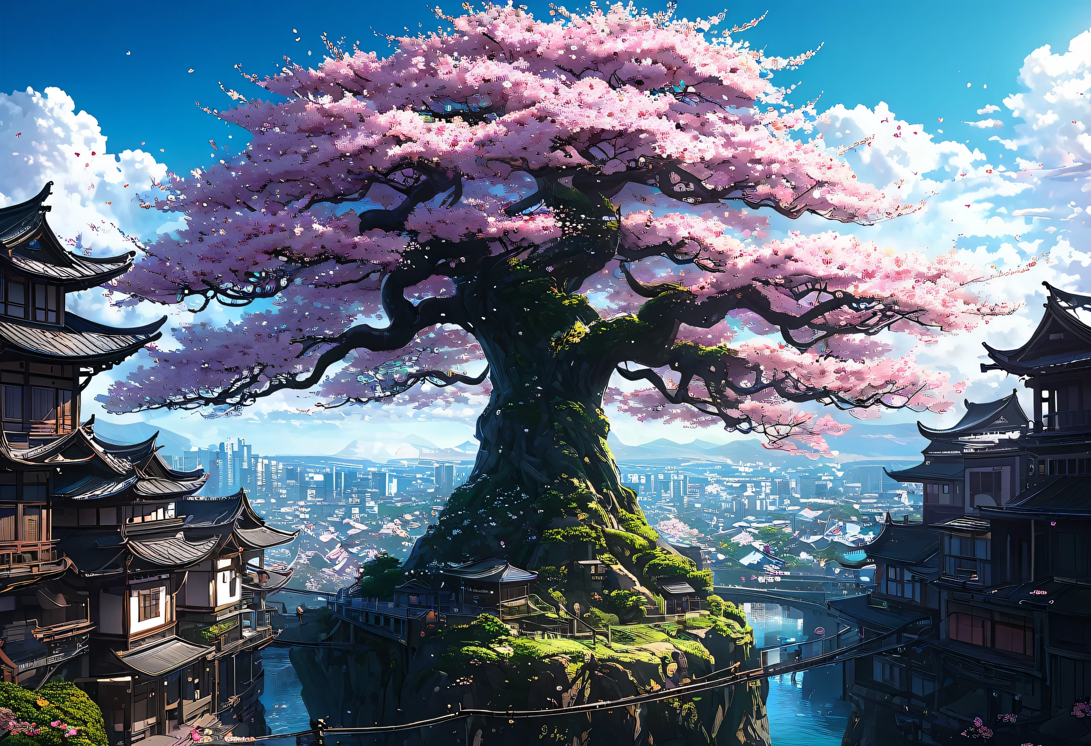 Fantasy city anime landscape with a cherry blossom tree in the middle, Concept art inspired by Noami, Artstation Contest Winner, Fantasy art, 4k Fantasy art, 4k resolution concept art, Highly detailed digital art in 4K, 8k Fantasy art, Concept Art Wallpaper 4K, 4K Detailed Digital Art, Amazing artwork in 8K