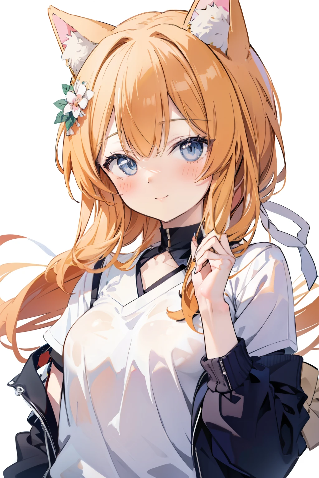 Marie Iraki、Good looking girl (blush, Perfect Face), independent , Looking at the camera, masterpiece, Anime art style, Cute Characters, Most detailed, high quality、Nico Nico Smile、Cat ear、Orange Hair、Lolita、Small breasts、Casual wear