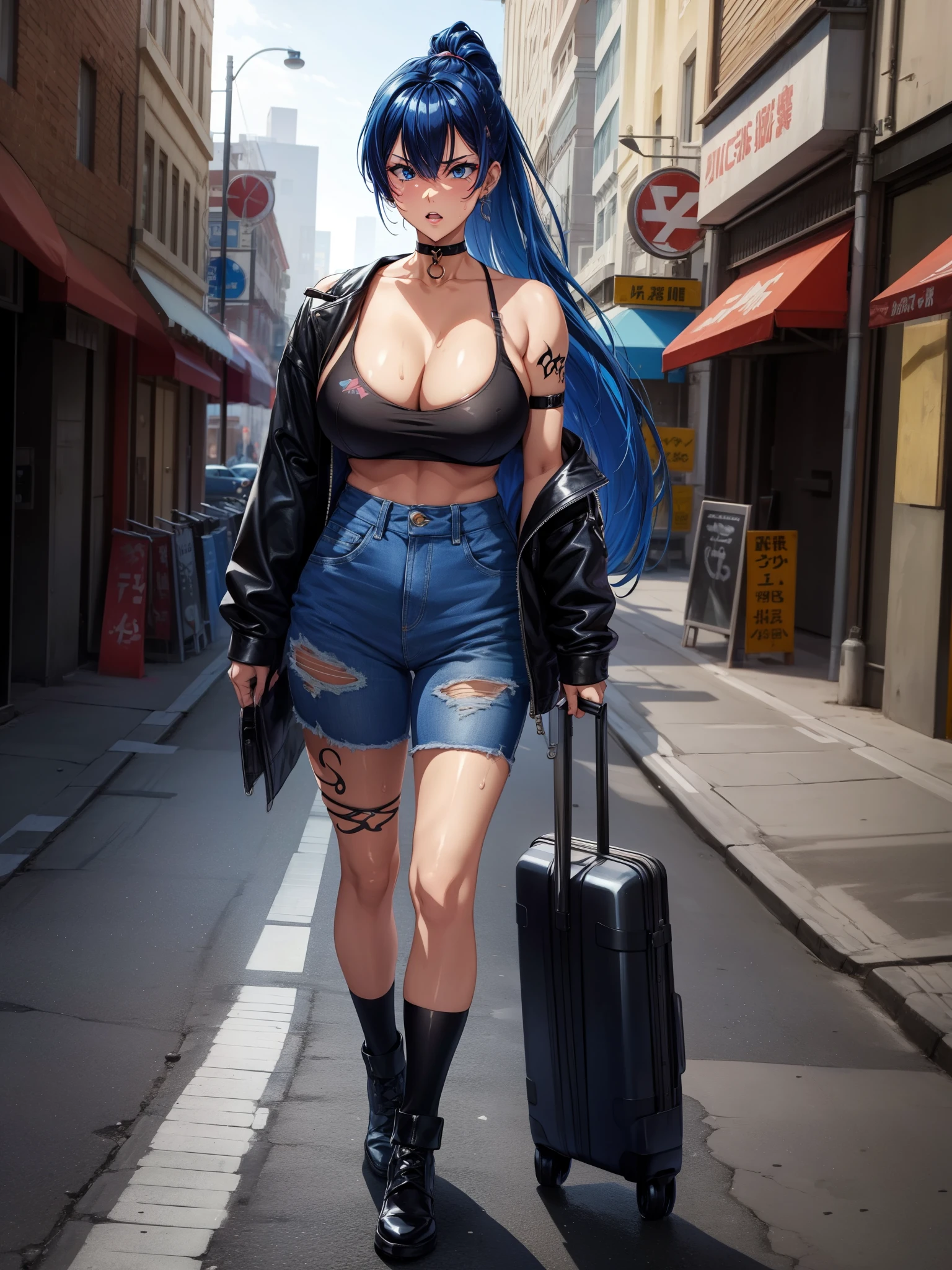 score_9, score_8_up, score_7_up, source_anime, expressive, anime, cartoon, speedlines, dynamic, 1girl,  cleavage,loving girlfriend, makeup, tan skin , two-toned hair, blue hair, white hair, choker, jewelry, tattoos, wrist bands, toned, sweat, piercings, long hair, under cut goth, , full body view  , loose clothing , detailed city background ,