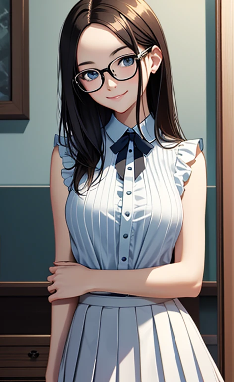 (masterpiece:1.4、top-quality、illustration:1.4,realistic、)、(character focus、breast focus,upper body:1.3)、(1girl),(light smile:1.3),(half closed eyes),cute face,blue eyes、()、
,(stand:1.4),(Shining smile),
,(slender),(sleeveless white blouse,very short pleated miniskirt:1.3),
(black long hair:1.6,forehead,),(glasses), (small breasts:1.3)、
、slender、