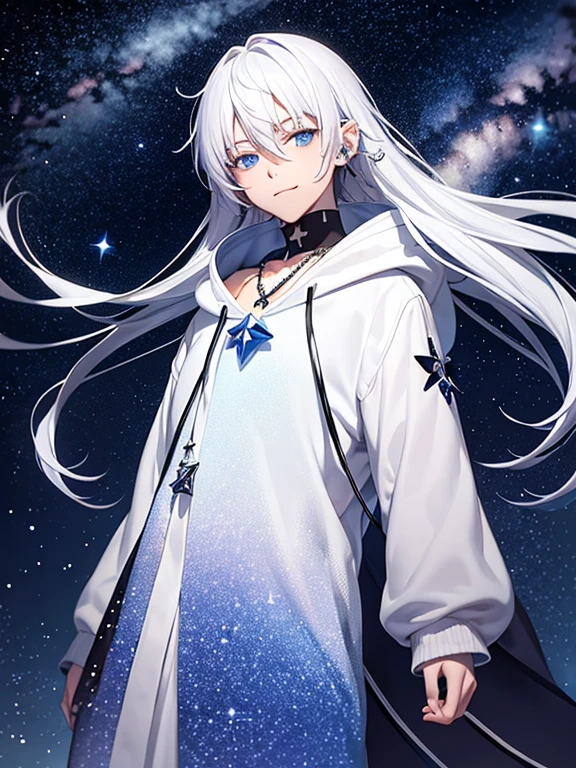 Milky Way Background The boy standing under the starry sky White Hair A little long hair Beautiful boy Has lots of piercings Star Necklace White hoodie with light blue lining summer Night Sky Blackhead under left eye Handsome There is a star mark on the body Hair tucked behind right ear Star on neck Smiling Right hand outstretched mysterious Boy standing on a hill 17 years old tall male tears