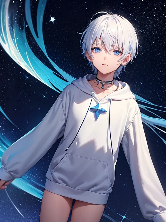 Milky Way Background　The boy standing under the starry sky　White Hair　A little long hair　Beautiful boy　Has lots of piercings　Star Necklace　White hoodie with light blue lining　summer　Night Sky　Blackhead under left eye　Handsome　There is a star mark on the body　Hair tucked behind right ear　Star on neck　Smiling　Right hand outstretched　mysterious　Boy standing on a hill　17 years old　tall　male　tears