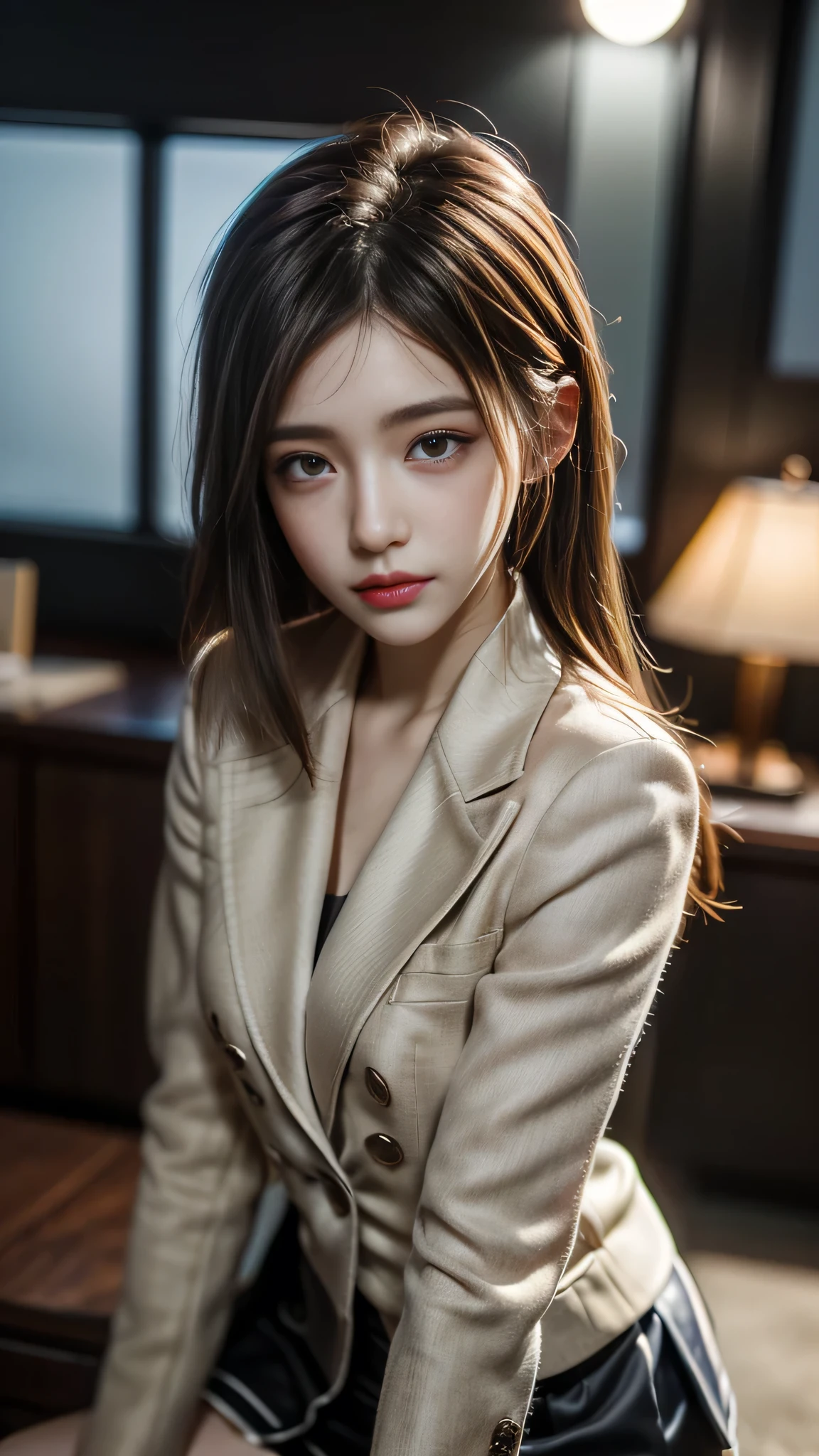 最high quality, masterpiece, 1 girl, Beautiful Face, (Photorealistic photography:1.3), Rim Light, (Skin with attention to detail:1.2), 8k UHD, Digital SLR, high quality, High resolution, 4K, 8k, Bokeh, Disorganized,  (Genuine:1.3), Small face, pretty girl, Black Formal Blazer, Mid-breasted, Short skirt,office