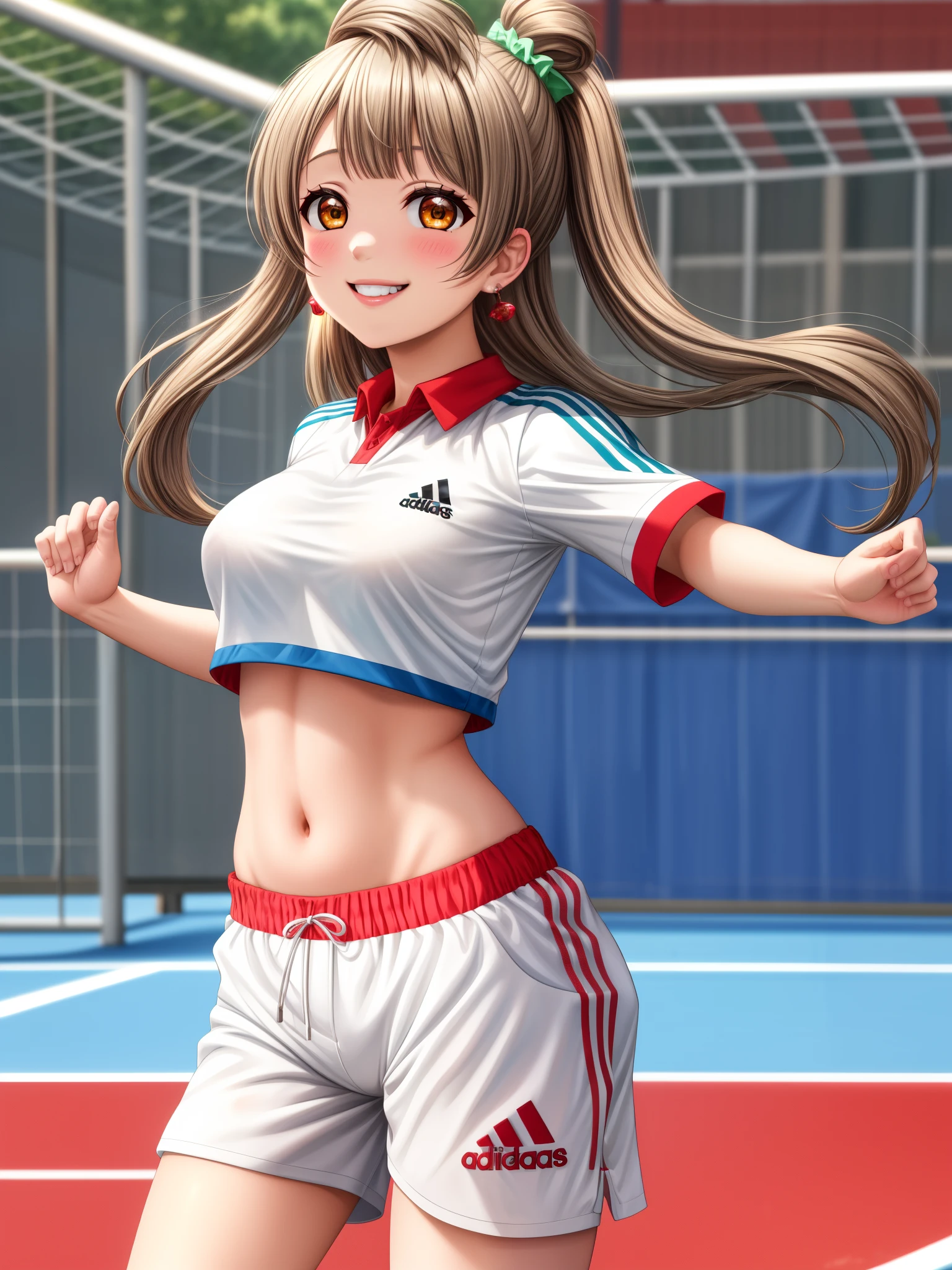 Masterpiece, best quality,Minami kotori, cowboy shot,1girl, smile, shirt, earrings, white shorts,red sportswear, red soccer_uniform, soccer, adidas, breasts, midriff 