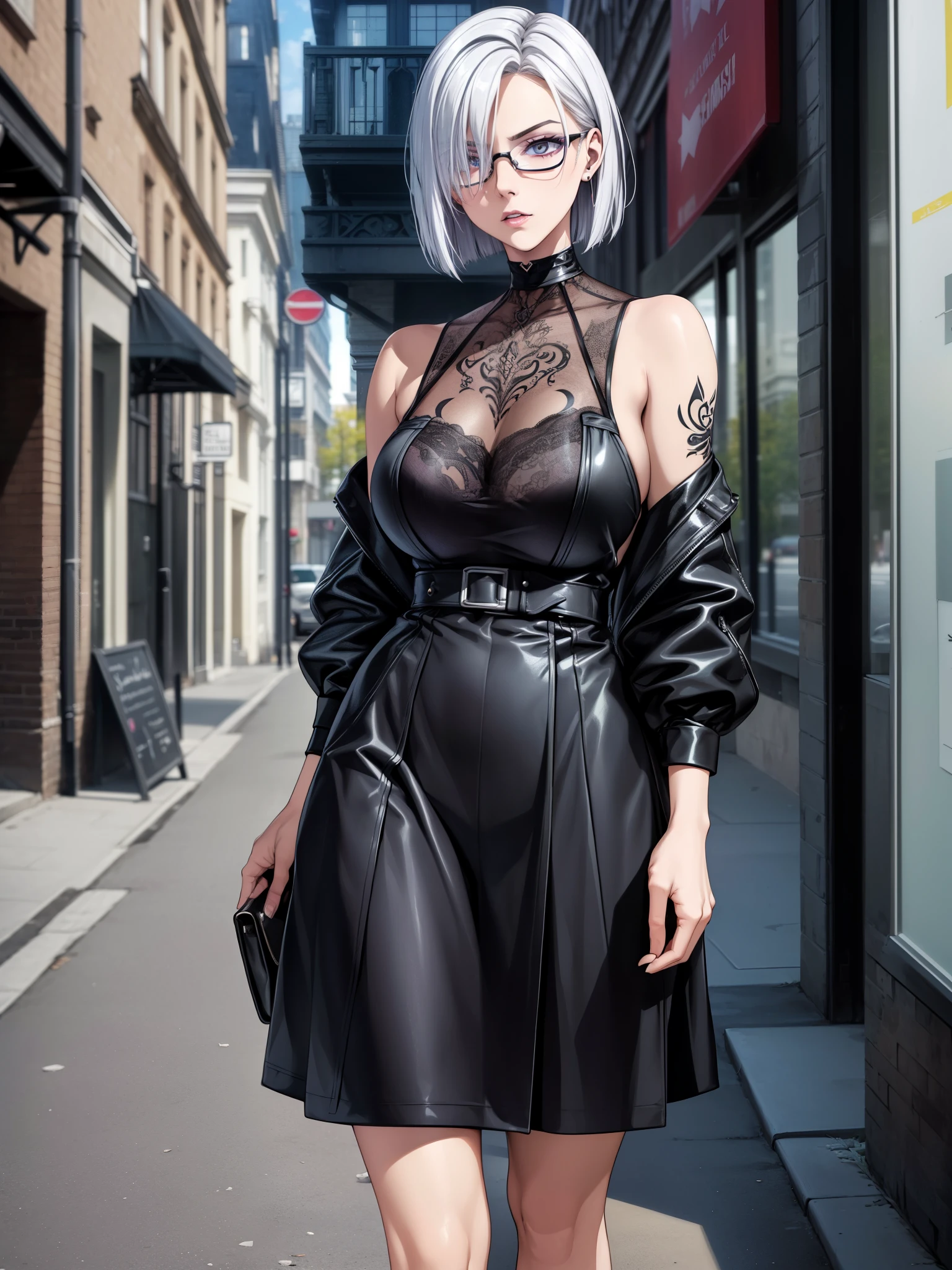 An almost anorexic pale northern european younger adult gothic with short hair, contemporary bob, real hair movement, looks through her oversized glasses full of curiosity and expectation. Dressed in elegant, revealing streetwear, [tattoos] in a street art design apartment. (8k detailed masterpiece, best possible quality of image reproduction, best possible color depth, highly detailed playback quality, excellent native resolution)