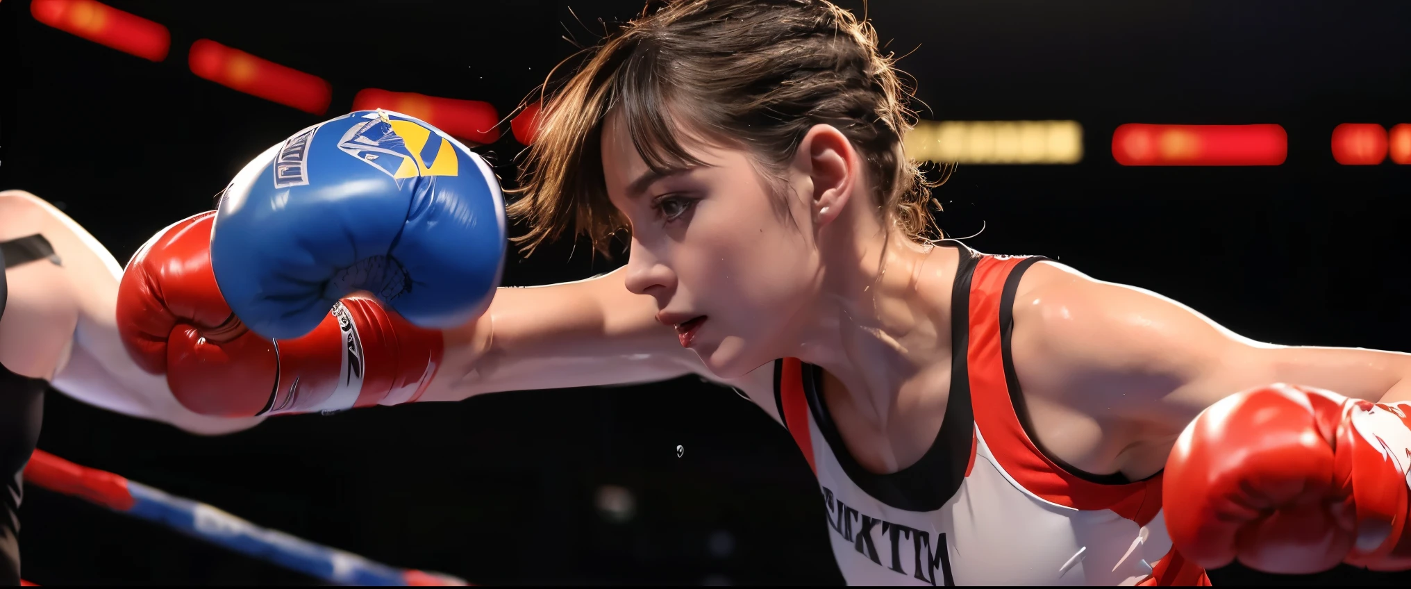 Boxing Match, ((masterpiece, highest quality, Highest image quality, High resolution, photorealistic, Raw photo, 8K)), ((Extremely detailed CG unified 8k wallpaper)), (huge stunning goddess shot, very hot and sexy, jaw-dropping beauty, perfect proportions, beautiful body, slim body beauty:1.4), Female boxers, two athletes beating each other in the ring, wearing sports bras, trunks, boxing gloves and boots, sweat splattered, Sweat running, wet body, intense fighting, (View from below), 