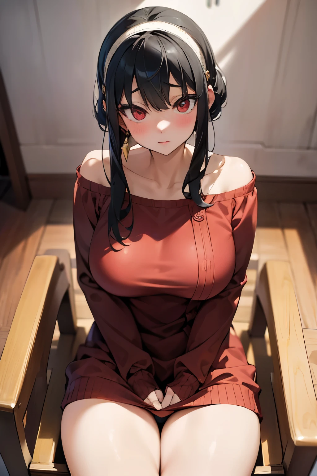 (masterpiece,highest quality,Ultra-high resolution),(Perfect Face, Perfect body、Perfect hands,Beautiful eyes),(bbyorf, short hair with long locs, white hair band, red eyes, large breasts, jewelry, off shoulder, red sweater, sweater dress, long sleeves),(hentai panty),(Embarrassing、avert your eyes、blush:1.4),(love nest、Red leather chair、Large chair:1.2),(Hold your knees,Spread your legs、Show your crotch)