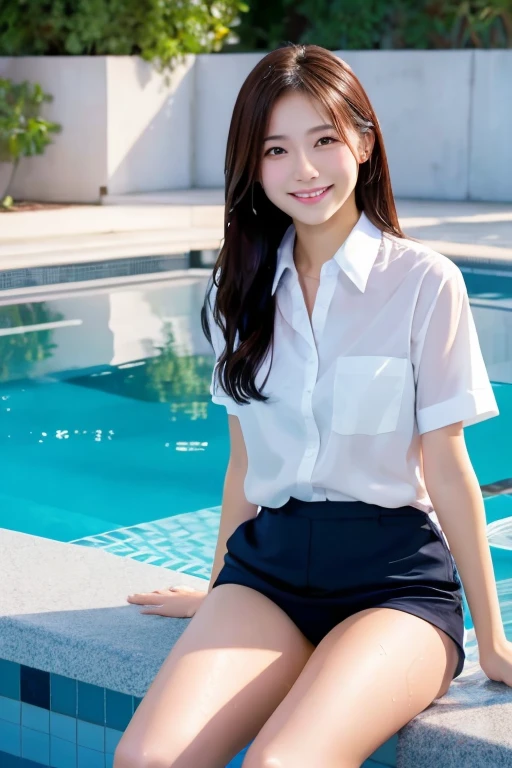 (8K), (highest quality: 1.2), (Realistic), (Realistic: 1.37), Ultra-high resolution,1 Japanese female,Night Pool,Sit by the pool,A radiant smile,Clear unevenness,Slender,whole body,Wet shirt,Wet straight hair,Beautiful water splashes