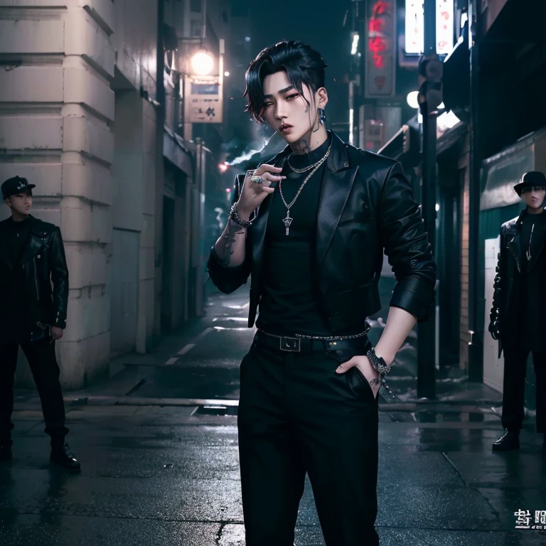 there is a man standing on a street corner smoking a cigarette, cai xukun, inspired by Zhang Han, inspired by Gang Hui-an, jungkook, inspired by Gang Se-hwang, cyberpunk street goon, inspired by Wuzhun Shifan, neo noir style, by Yang J, inspired by Zhu Da, hyung tae, menacing look