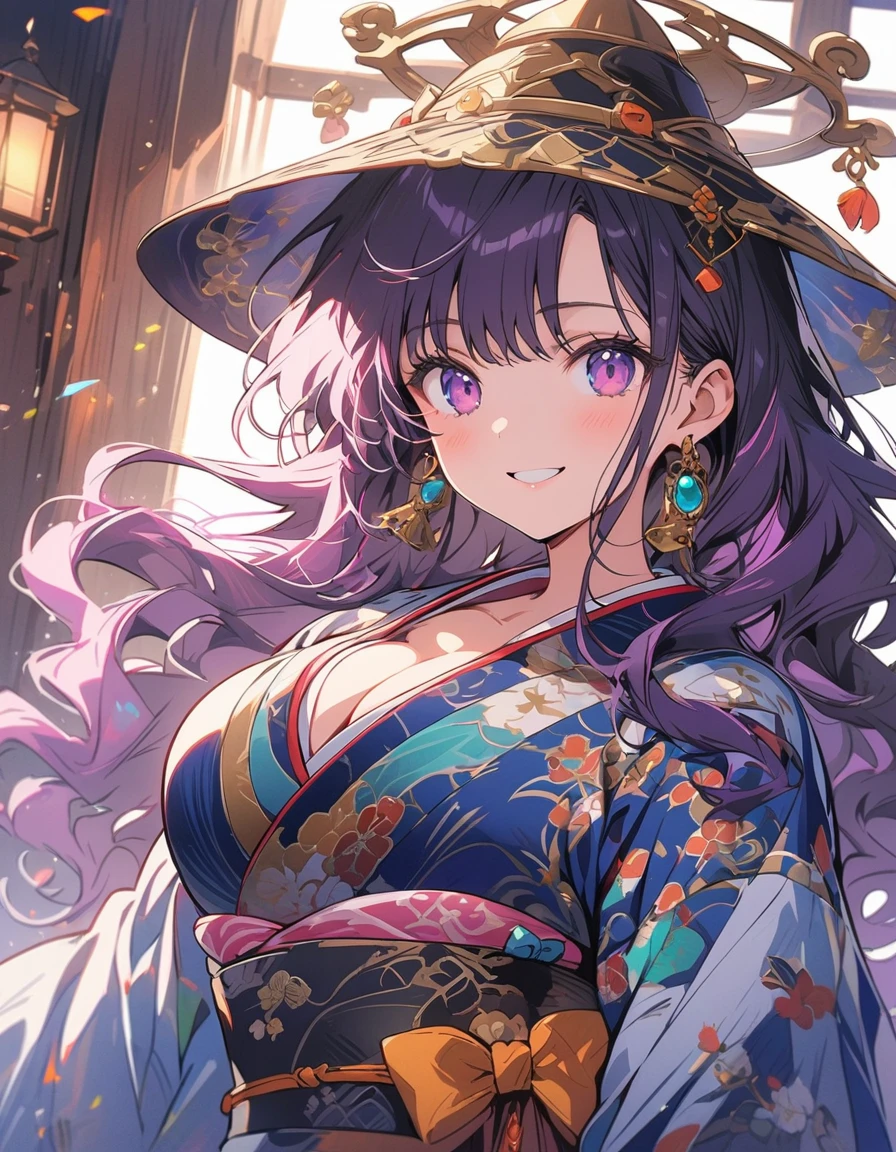 (beautiful woman, wavy hair, purple hair), smiling lightly, big breasts, cleavage, (kimono:1.4, antique pattern, ruffles:1.2), (veil hat, veil, moga hat, antique design), short boots, antique background, simple background, (top quality, masterpiece, high resolution,detailed),animated style,flat style,(eyes shining iridescent colors illuminated light,detailed beautiful face), BREAK,extremely detailed,high saturation,floating,dynamic angles,animated