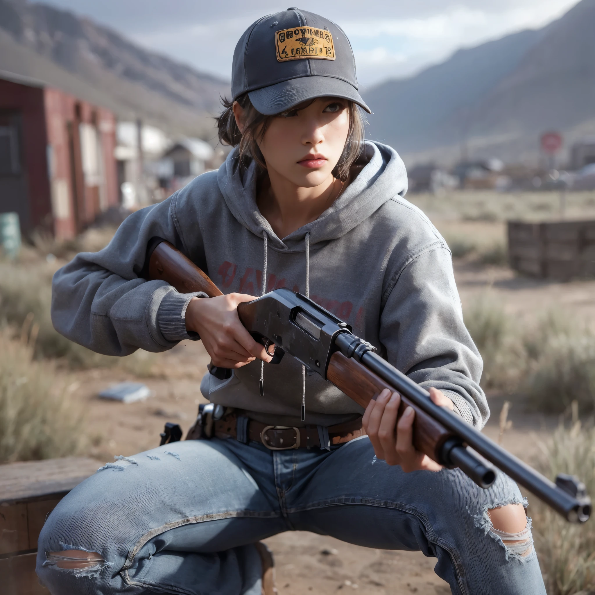 8K, realistic photo, realistic skin texture, アメリカ在住の美しい日本人woman、An old, rusty beige pickup truck with the door open and sitting in the seat、American mountain town、indians baseball cap、Grey hoodie、A１Flight jacket、BROWNING CYNERGY  Ultimate Tukey　shotgun、loose fit denim pants、sneakers、Dynamic pose、anger、decision、Fighting the Outlaws、Innovative composition、woman
