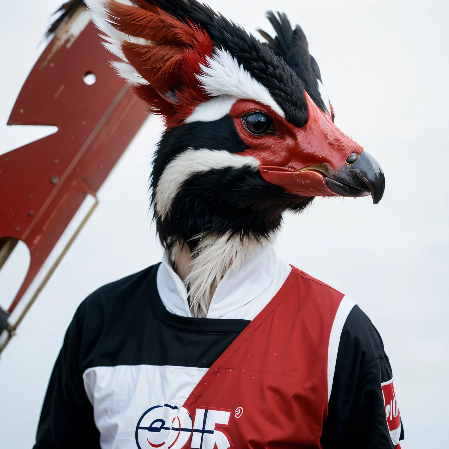 "The head of a woodpecker like the Pepsi logo, in red, black, and white."