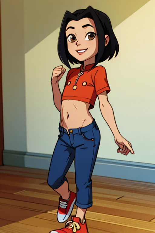 jadechan, short black hair, brown eyes, blue jeans pants, Red sneakers, looking at viewer, shy, masterpiece, full length, happy smiling, flat torso, naked torso, ass, hads on chest 