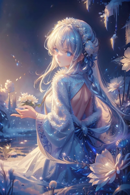 (masterpiece、8k、highest quality)、(Soft Light:1.3), Detailed face, Long Hair,Fine grain, dress, Beautiful digital artwork, landscape, Backlight, Lots of flowers, forest, Sparkling eyes, Winters, warm, warm light, snow