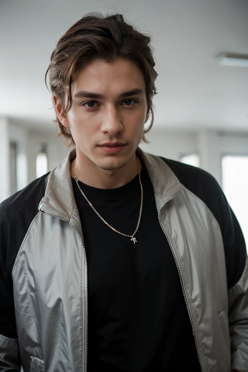 photography of a 29yo man, perfect face, masterpiece, silver chain, black_shirt, jacket, black_trousers