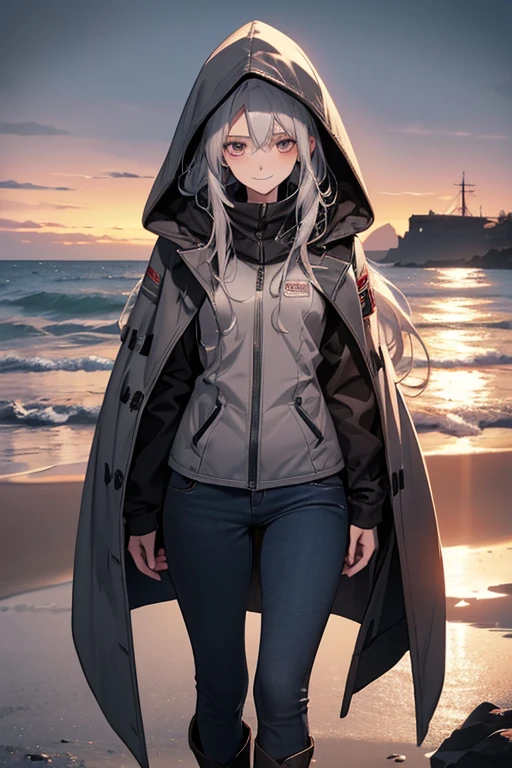 (Confused, High resolution, Very detailed), 1 female, Silver Hair,Long Hair,Reddish brown eyes,boots,Wearing a hood,Grey long coat,Skinny jeans,Black and white pilot suit,,Small breasts,26 years old,Beautiful woman,Adult female,,thin,quiet,Calm,shy little smile,Coast at dawn