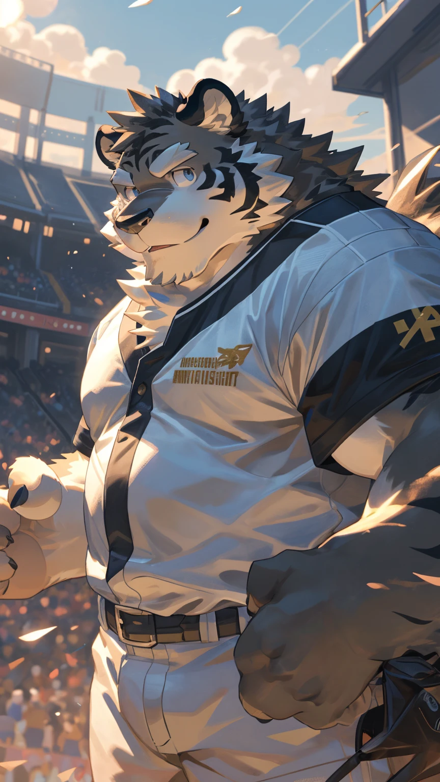 alone, ((Fluffy fur, Fluffy, hairy body)), detailed Fluffy fur, Detailed face, delicate Eye, Dynamic poses, (Super detailed), Sharp focus, Genji, Eye, hairy, (Gray black fur:1.5), White beard, human nature (black tiger), male, middle aged, White belly,Strengthens pectoral muscles，))), (endomorph body type:0.4), Not too fat, rest ((Baseball uniform )), ultra Detailed face, High Detail, high quality, (best quality,4K,8K,High resolution,masterpiece:1.2), (close up:1.3), author：Takemoto Arashi, By Kulplant, author：The ghost of emptiness, From raccoon21, Dynamic Lighting, Smile, (whole body:1.4), looking at the audience, eternal, close up肖像, indoorHigh resolution, Support your abdomen with your hands,Detailed hands,Baseball Field