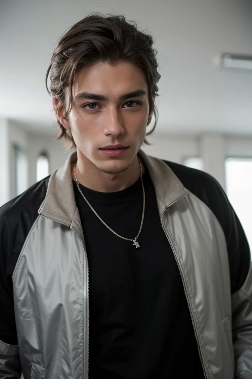 photography of a 29yo man, perfect face, masterpiece, silver chain, black_shirt, jacket, black_trousers
