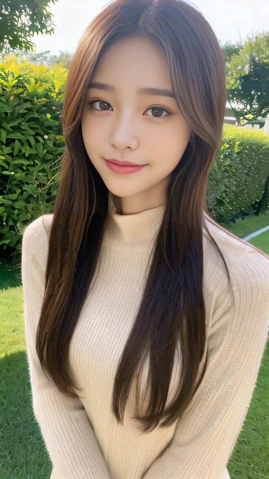 Full body angle、((highest quality, 8K, masterpiece:1.3)), concentrated:1.2, Perfect body beauty:1.4, Hips:1.2, ((Delicate Hair)), (Colorful lettuce cut mock neck see-through top without bra、 :1.1) , ((highest quality、8K、masterpiece:1.3))、1 Girl、A sloppy smile、Esbian all over、Slim face、Big 、Beautiful woman、(Dark Brown Hair)、Long Hair、1.1、Flickering Valley、Detailed eyes、double eyelid、Blurred Background、超Slim face、Looking down、garden、