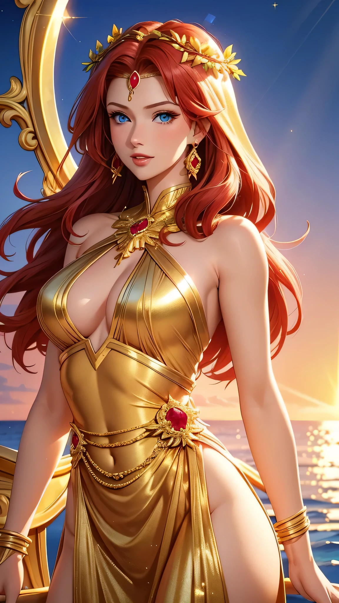4k, Best quality, 30 year old woman, red hair, blue eyes, sunset ocean setting, god rays, upper body, sexy, golden wreath, golden glow, flowy gold robes, opulent, luxurious, sparkles, diamond jewellry, thin fabric, wealthy, bracelets, ruby,