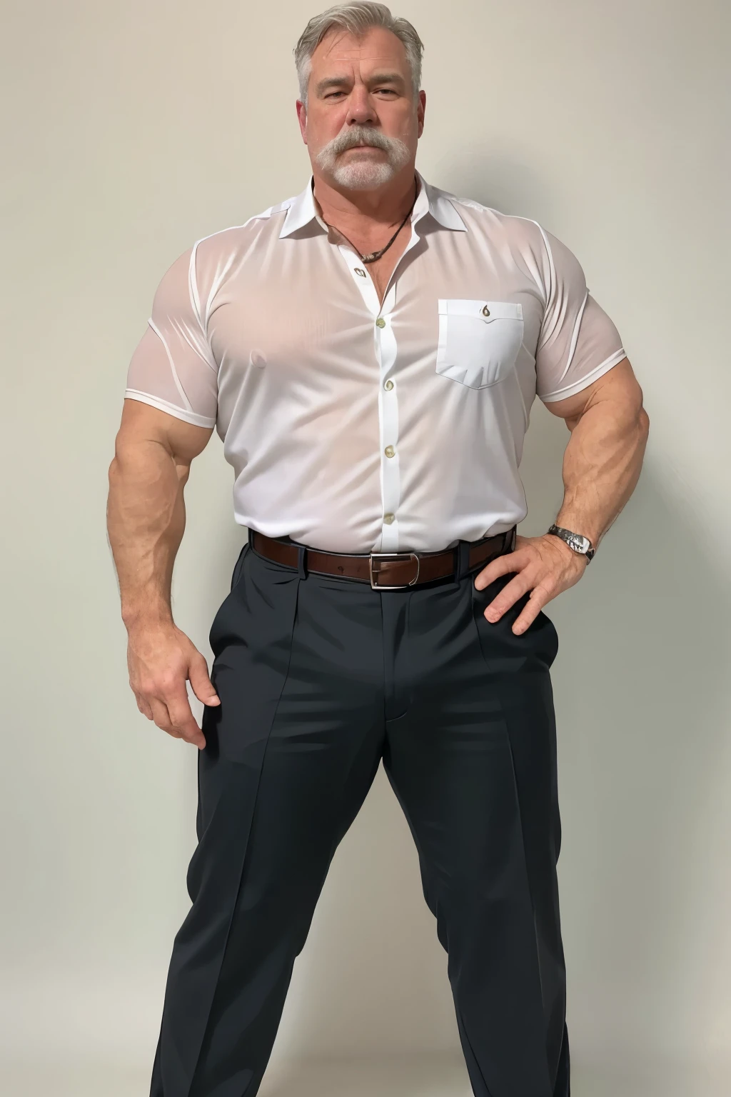 age 60, white man police detective with a mature, kind demeanor, strong and muscular yet chubby build, mustache, wearing dress pants and a buttoned-open translucent shirt that reveals a hairy chest and a noticeable bulge, wearing detective badge on belt, giving off a hint of a horny yet disgusting aura, completing the look with comfortable loafers.