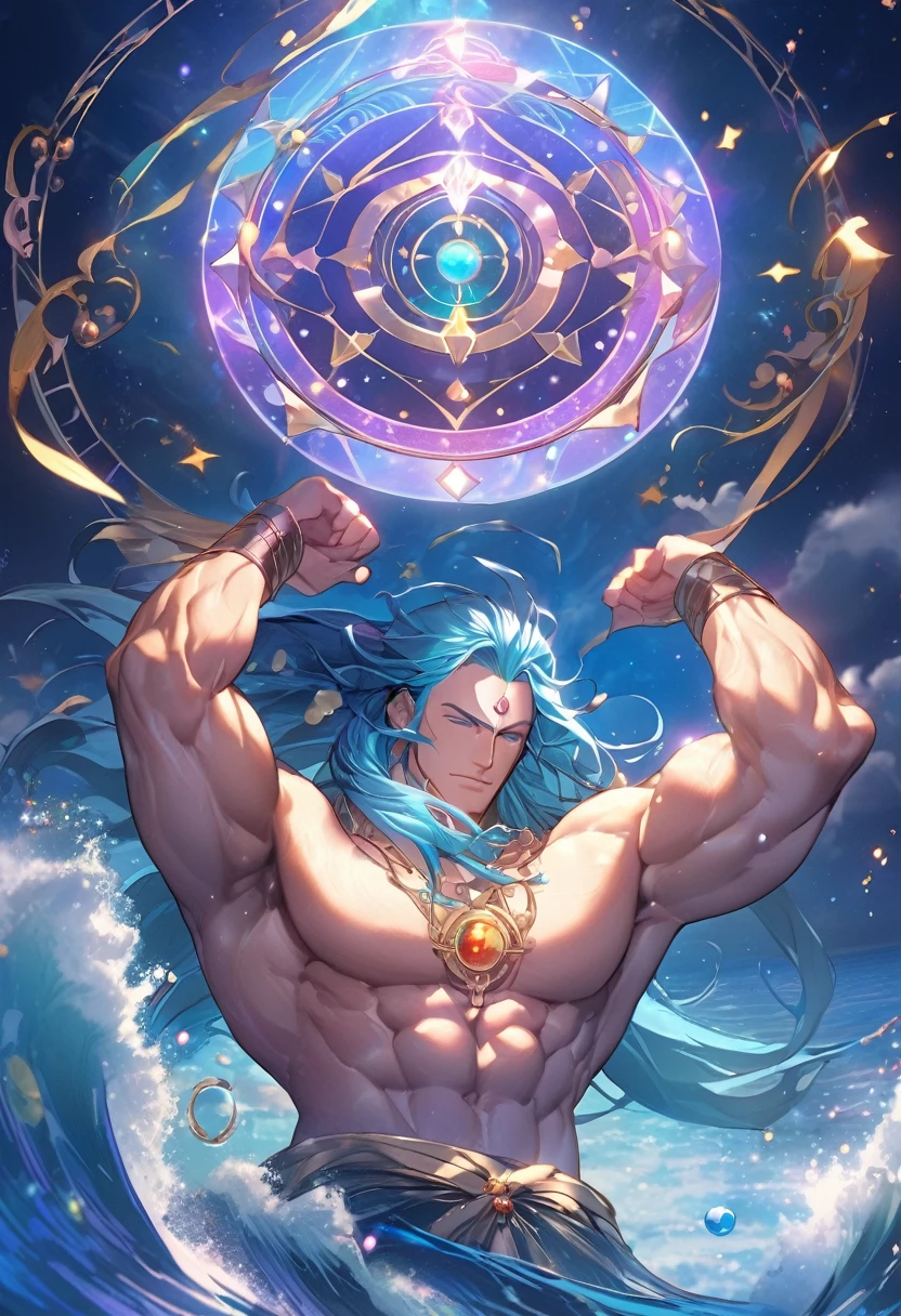 Ocean神，Gods，Mature men，Male focus，Long hair，solo，Blue Hair，Chest muscles，，Forehead gemstones，night，Ocean，muscle，Sky，被Ocean浪包围，Huge magic circle，Huge magic circle，