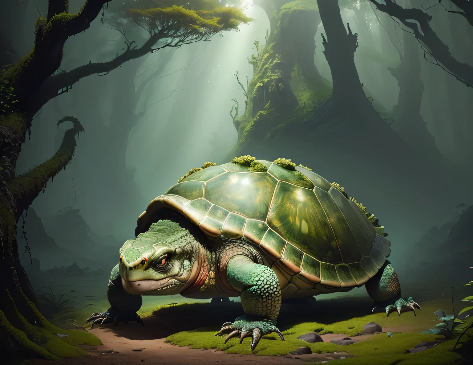 There is a huge lizard giant turtle, A layer of moss grows on the turtle shell、coral、Bioclasts、Dust realistic creature concept,High-precision texture, perfect material, ultimate picture