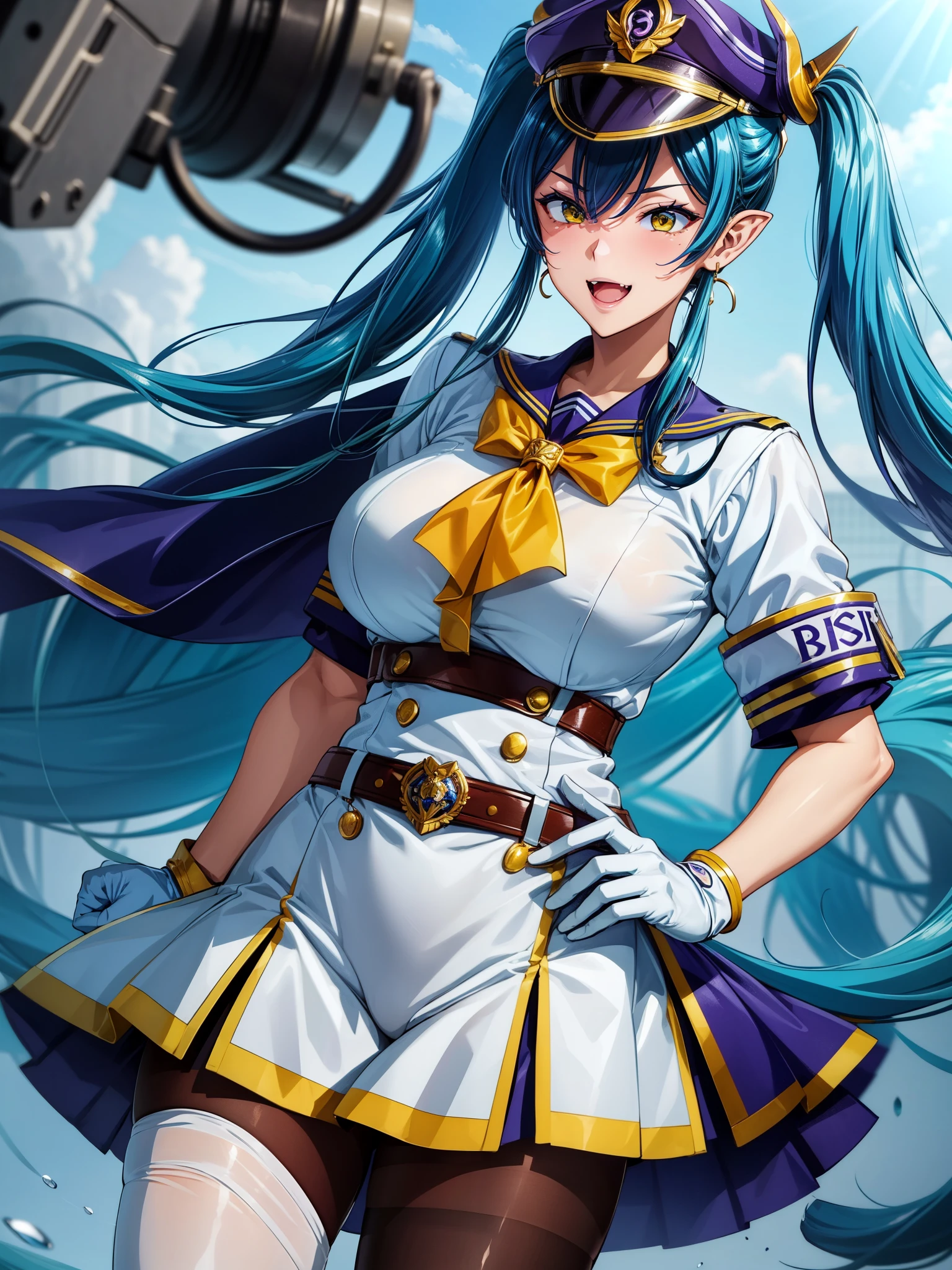 1girl, nozomi \(blue archive), blue archive, peaked cap, green hair, twintails, yellow eyes, pointy ears, single earring, smile, skin fang, open mouth, white gloves, blue uniform, blue armband, hand up, belt chain, demon tail, white pantyhose, cowboy shot, white background, black belt, masterpiece, best quality, very aesthetic, absurdres