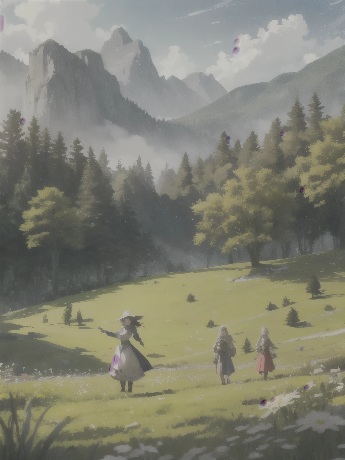 In a green meadow stands a girl leading a group of knights.
BREAK
With a brave expression, she guides them towards their destination.
BREAK
Behind her, a green forest stretches out and beyond that, mountains rise in the distance.
BREAK
The most suitable effect for this scene would be a watercolor painting technique to capture the softness of the meadow and the fluidity of the movement.