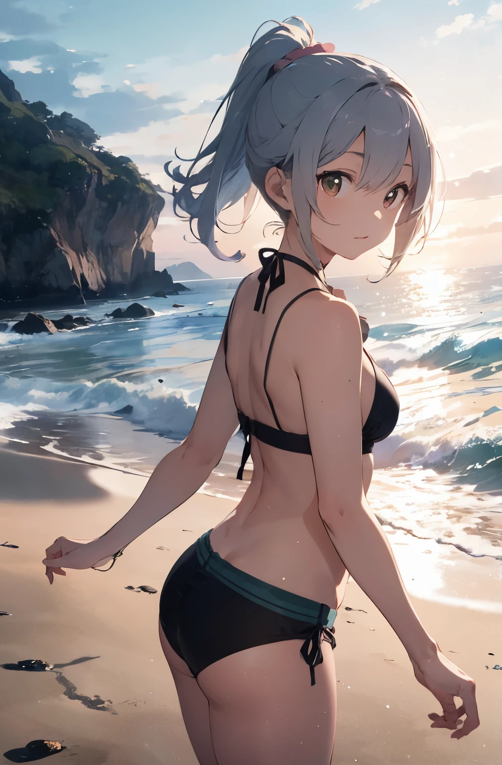 Silver-haired girl drawn in high resolution Japanese anime style、Standing alone on the white sand beach of a deserted island。She is wearing a gorgeous pink bikini.、Her hair is in a ponytail that sparkles in the light....。The sea in the background shines emerald green....、The beach is littered with shells and pebbles.、time々、Small waves gently wash up on the shore。熱帯のwood々Swaying in the Wind、Mr....々Among the branches々Birds are singing..。wood々Colorful flowers blooming in abundance、The entire island is filled with abundant nature....。On the horizon of a distant sea、The setting sun casts a beautiful orange glow over the ocean.、It gives the whole place a mystical feel....。、Wakame seaweed、Wakame seaweed、Wakame seaweed、Wakame seaweed、Wakame seaweed、Wakame seaweed、