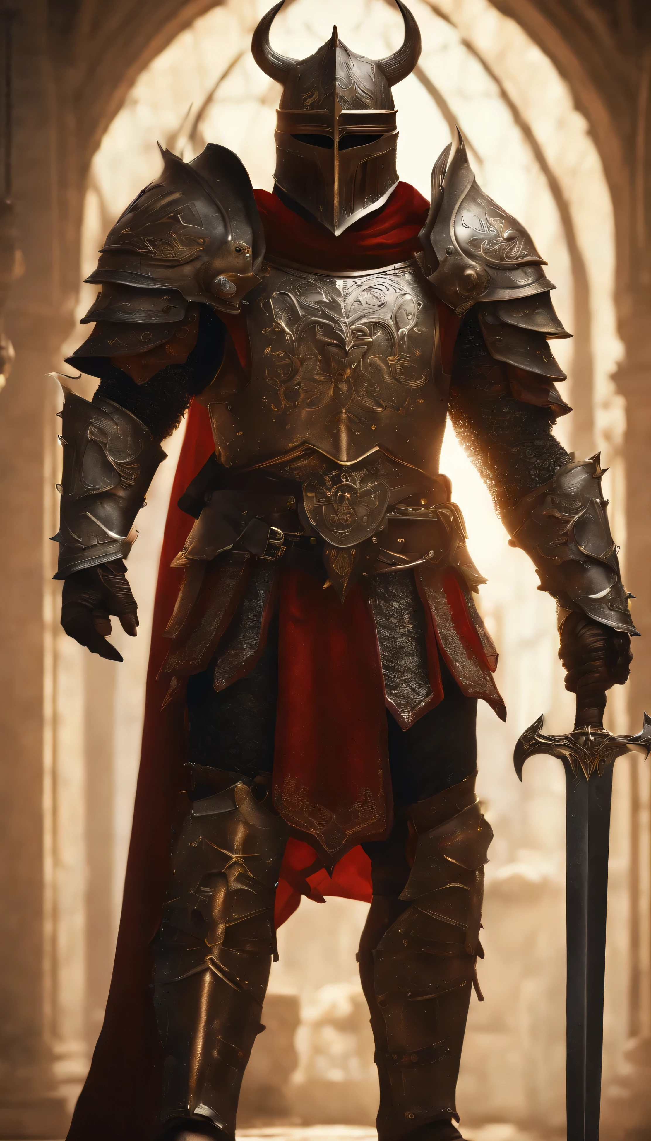 (Best quality,4K,8K,A high resolution,Masterpiece:1.2),Ultra-detailed,(Realistic,Photorealistic,photo-realistic:1.37),A sword-wielding demon armor warrior stood in the hall, Full body portrait of the mysterious knight, Wearing heavy armor,A sacred warrior wielding a legendary sword, Mythical warriors in full-body armor, A golden knight with divine armor, The helmet is decorated with the devil's horns, The eyes glow blood-red, Concept art for glorious figures, Crimson Armor Knight, Epic Paladin armor, Holy medieval knight, Kneel on one knee, Blades embedded in the earth, submission, Full body shot.