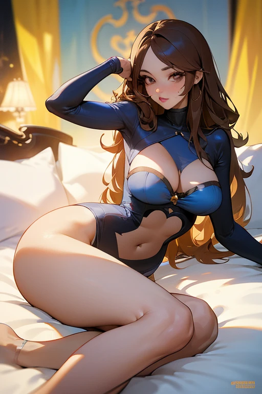 Dulce y tierna chica de cabello lacio con listones azules,Slender and curvy body, ojos cafe , sexys poses en la cama con sus piernas perfectamente torneadas y separadas tacones altos, busty, brunette girl