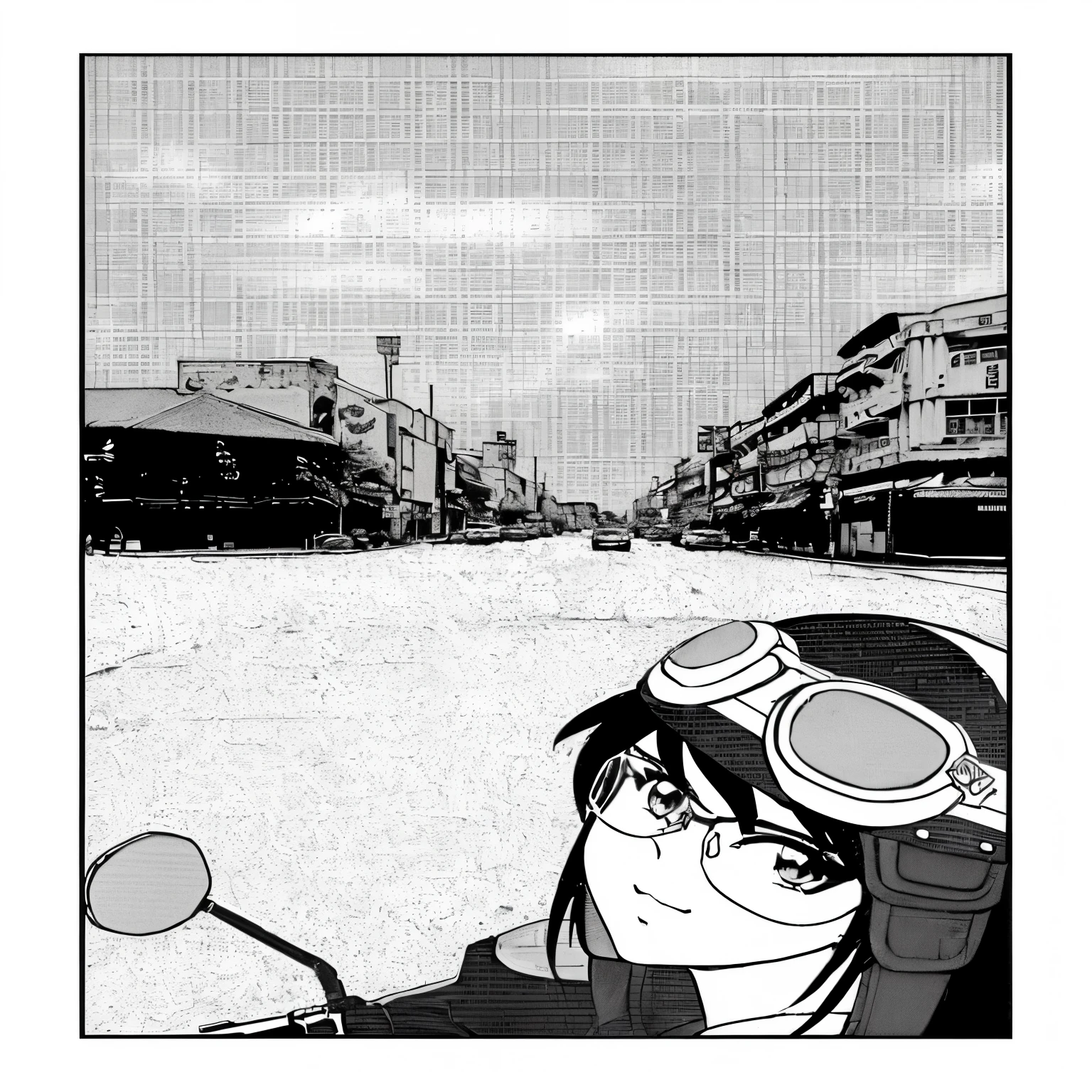 Image taken from a cartoon about a woman wearing a motorcycle helmet., Manga Panelขาวดำ, black and white Manga page, in manga format, Black and white manga cartoons, in the form of manga, Manga page, Black and white manga style, Manga Panel, Detailed manga style, digital manga, Japanese style manga, street view, manga illustration