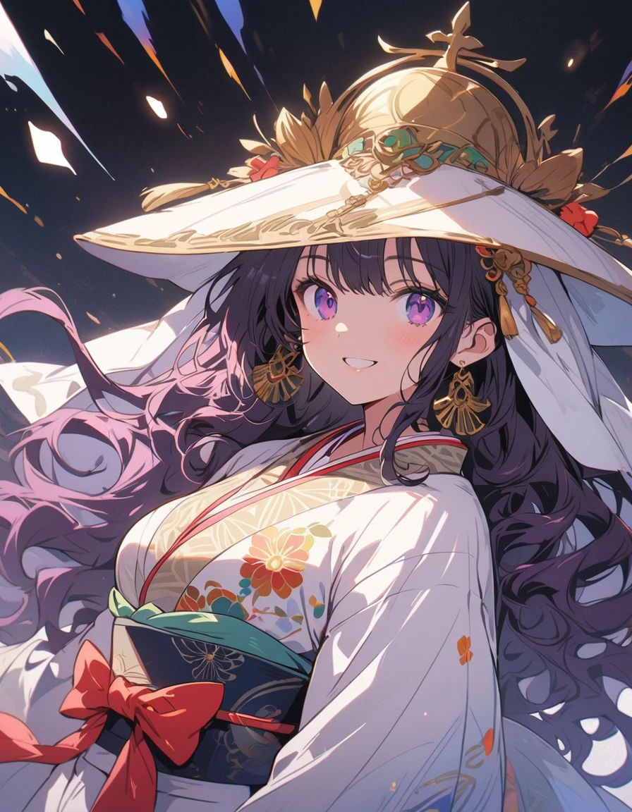 (beautiful woman, wavy hair, purple hair), smiling lightly, big breasts, cleavage, (kimono:1.4, antique pattern, ruffles:1.2), (veil hat, veil, moga hat, antique design), short boots, antique background, simple background, (top quality, masterpiece, high resolution,detailed),animated style,flat style,(eyes shining iridescent colors illuminated light,detailed beautiful face), BREAK,extremely detailed,high saturation,floating,dynamic angles,animated