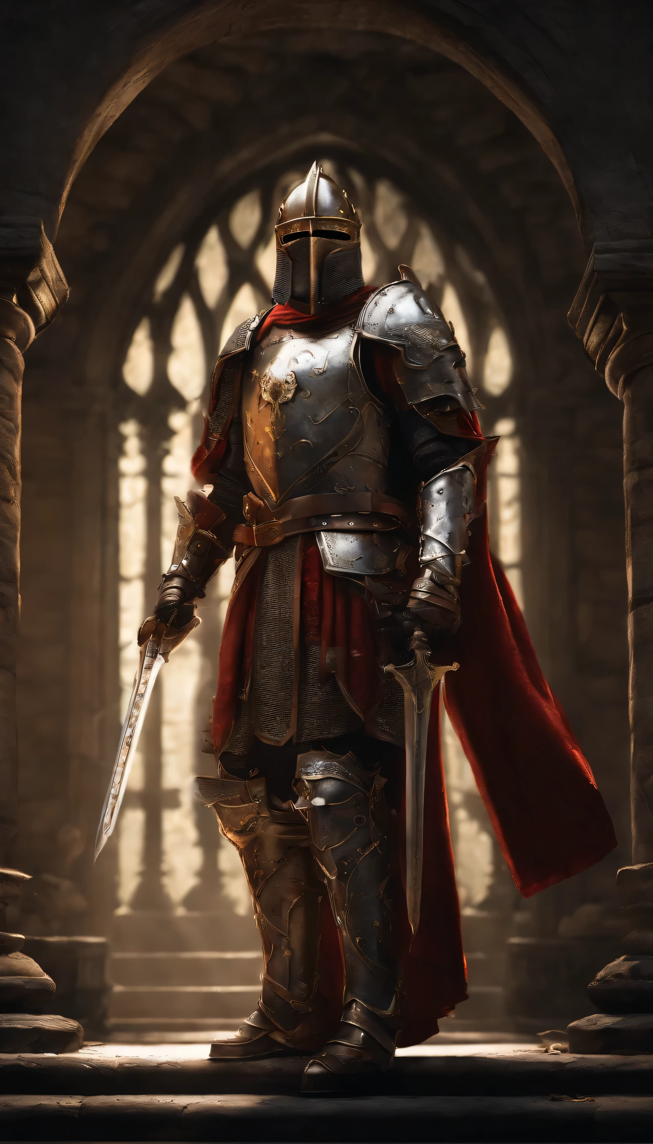 (Best quality,4K,8k,A high resolution,Masterpiece:1.2),Ultra-detailed,(Realstic,photoreallistic,photo-realistic:1.37),A demonic armored warrior armed with a sword stood in the lobby, Full-length portrait of the mysterious knight, portant une armure lourde，A holy warrior wielding a legendary sword, Mythical warriors in full armor, A Golden Knight in Divine Armor, The helmet is decorated with devil's horns, Eyes glow blood red, Concept art pour des personnages glorieux, Chevalier en armure pourpre, epic paladin armor, Medieval Sacred Knight, Agenouillez-vous sur un genou, Blades driven into the earth, soumission, Prise de vue du corps entier.