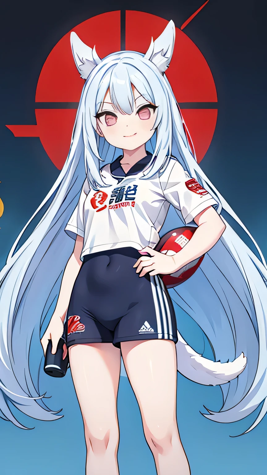 1 Girl，，Double tail，Long hair，Red eyes，White hair，，Sportswear，White，sports shoes，Smile，Smile，Holding a glass of beer，Looking at me with longing eyes，Whole body moisturized，White liquid on the body，whole body，A group of strong men in the background